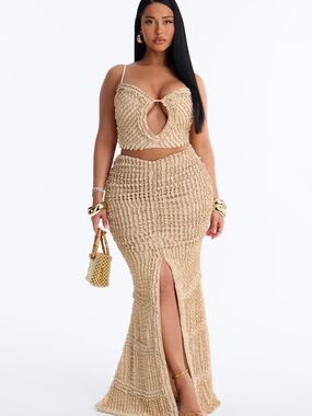 Fashion Nova Kelsey Beige Textured Two-Piece Maxi Skirt Set Sz L